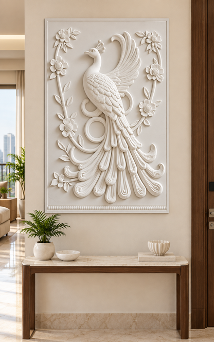 Peacock Floral Garland Corian wall panel front view in cream-and-walnut Mumbai entrance foyer with a narrow console