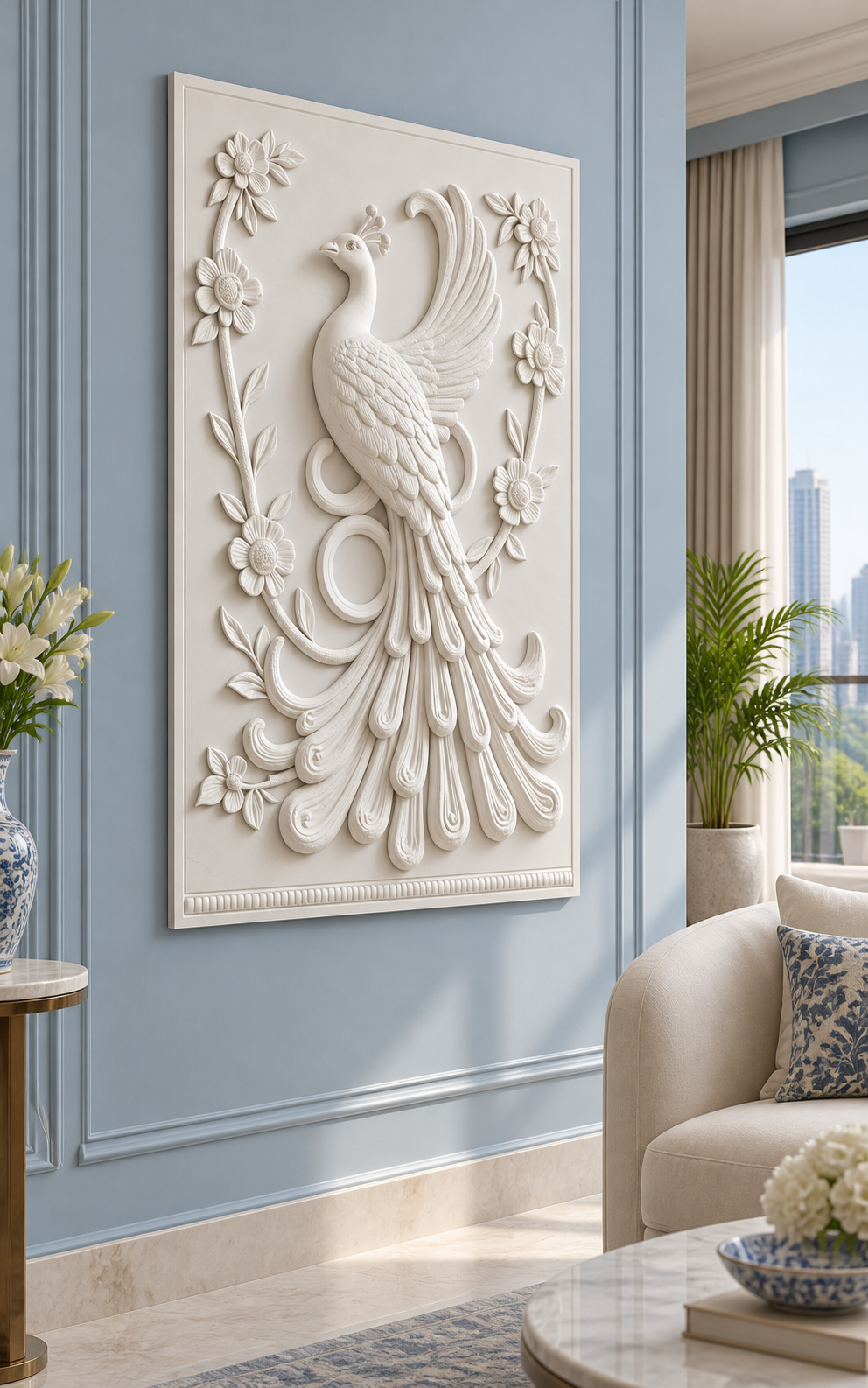 Peacock Floral Garland Corian wall panel left view in soft blue Mumbai formal living room with an ivory settee