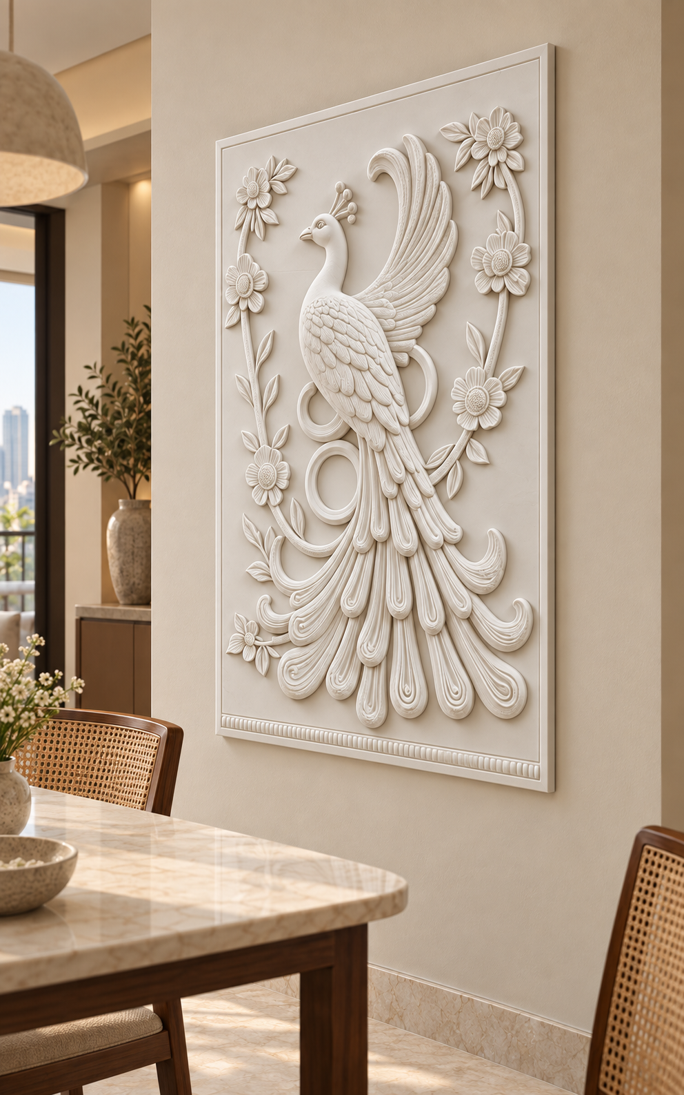 Peacock Floral Garland Corian wall panel right view in sand-toned Mumbai dining alcove with cane-backed chairs