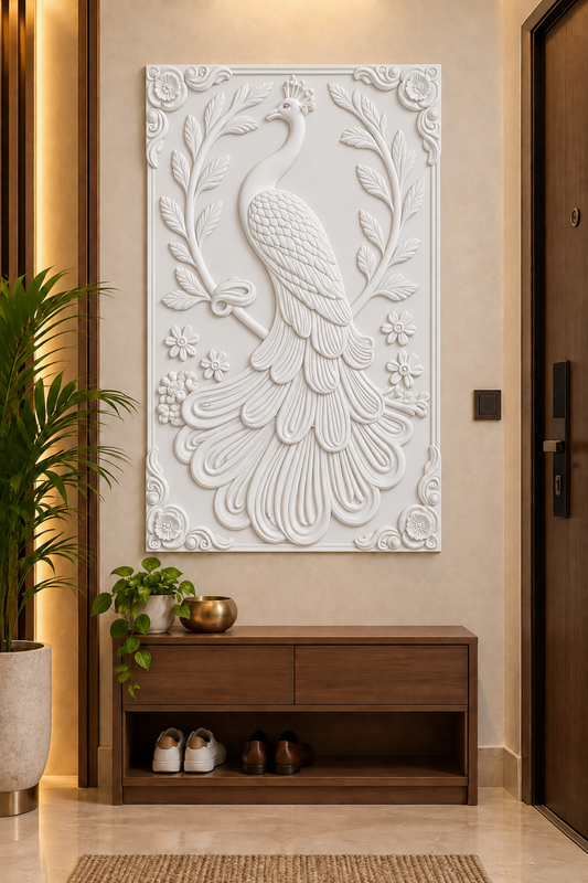 CWP-651 Peacock Leaf Garland Corian Wall Panel, 2.5 ft wide x 4 ft high, front view in a Mumbai entry foyer; AI-assisted concept visualisation