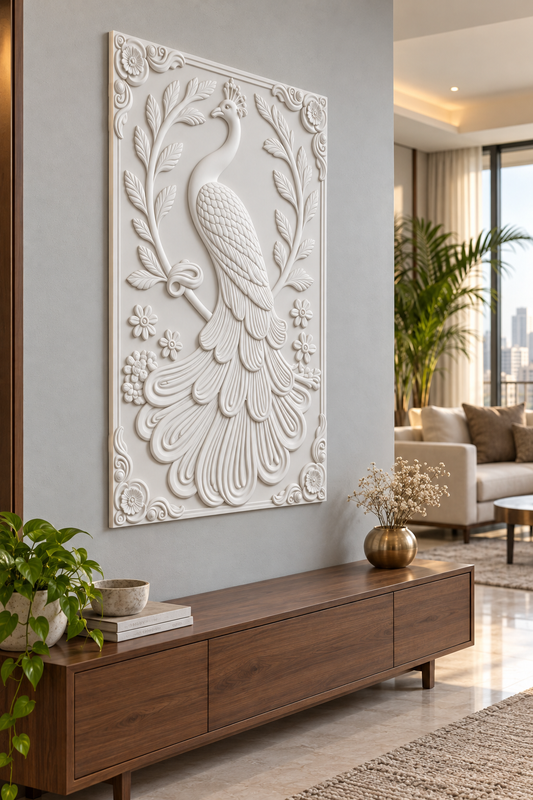 CWP-651 Peacock Leaf Garland Corian Wall Panel, 2.5 ft wide x 4 ft high, left view in a Mumbai grey-wall living room; AI-assisted concept visualisation