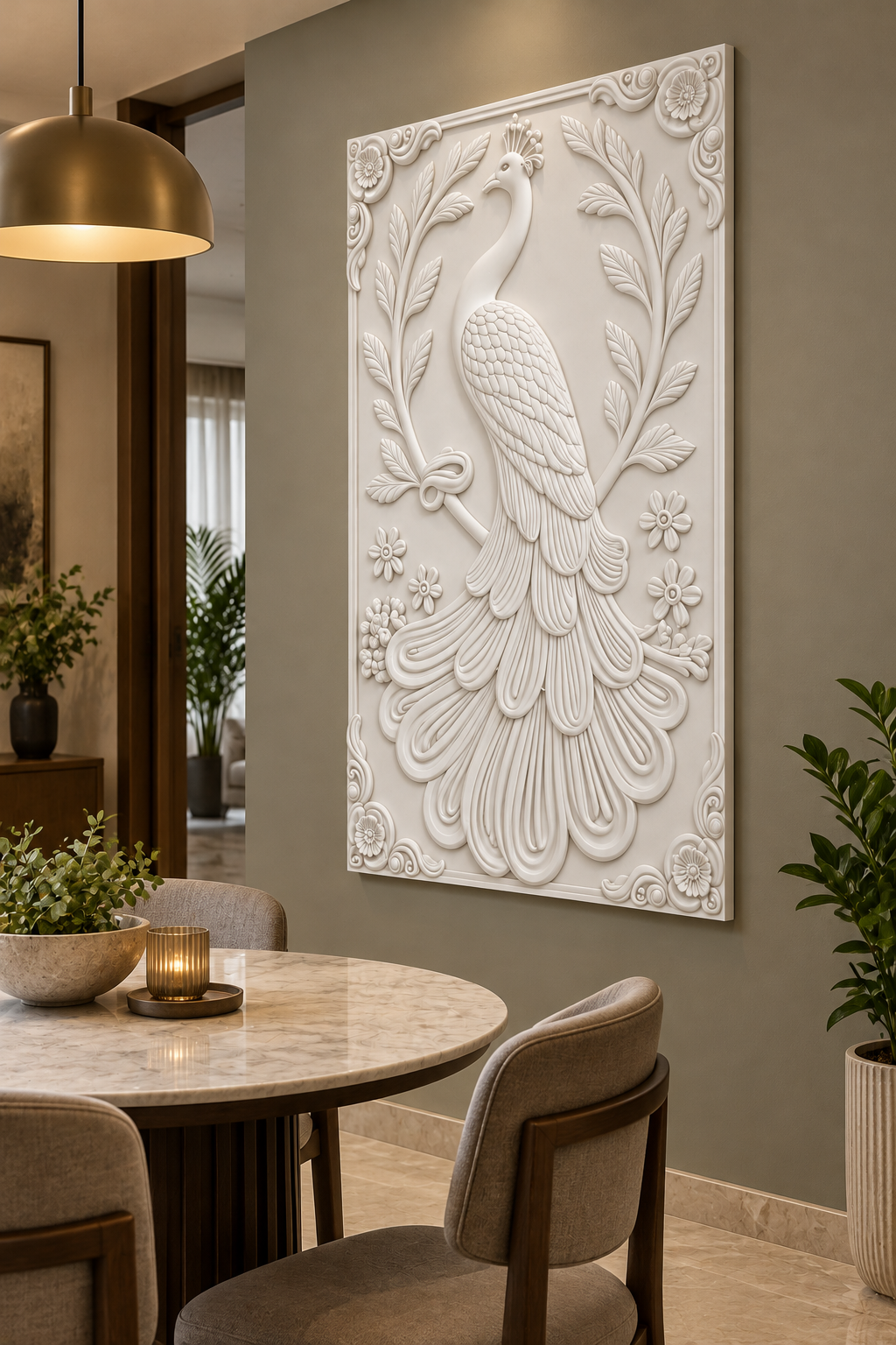 CWP-651 Peacock Leaf Garland Corian Wall Panel, 2.5 ft wide x 4 ft high, right view in a Mumbai dining room; AI-assisted concept visualisation