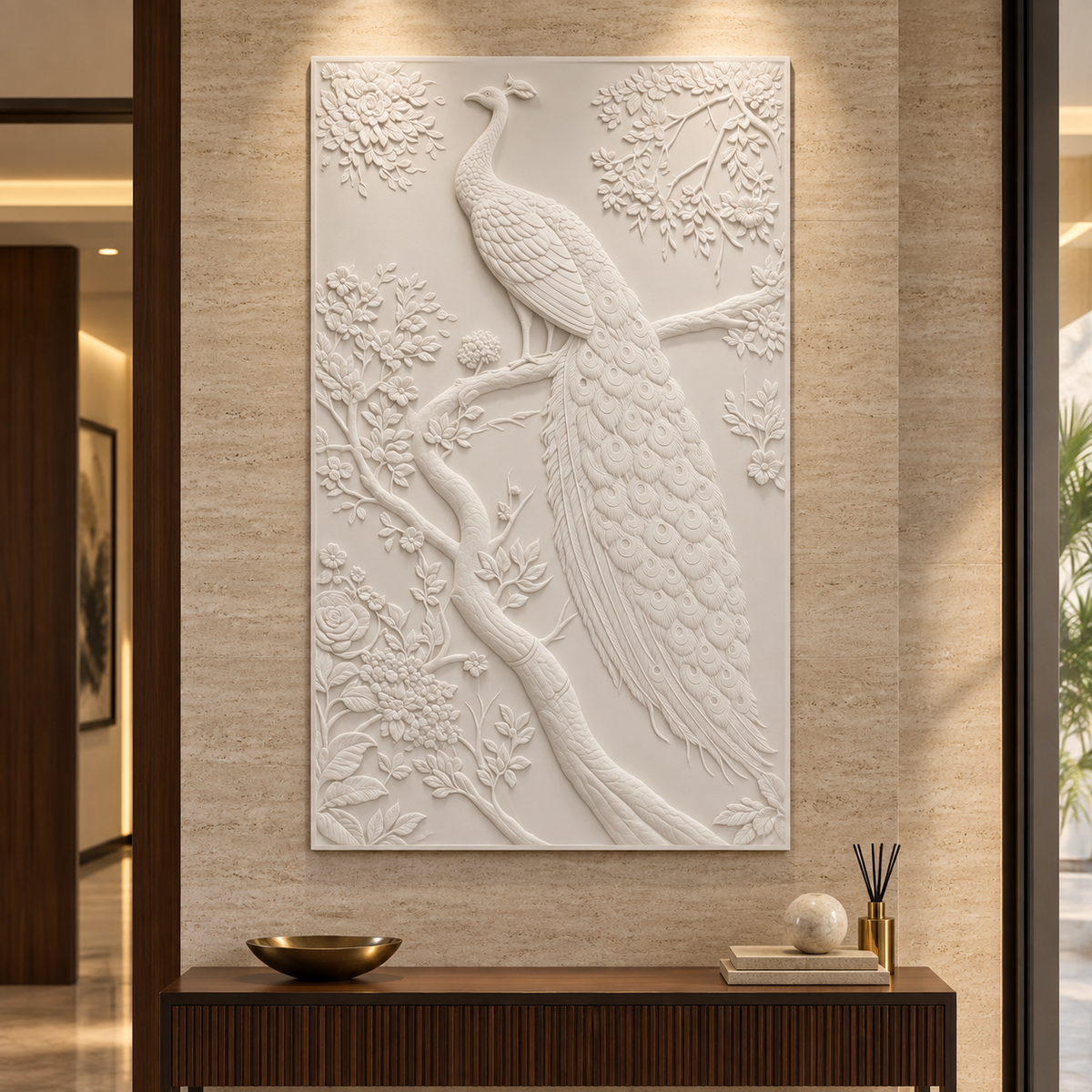Peacock on the Flowering Bough Corian wall panel, 2.5 x 4 ft, front view in entrance foyer, 12–24 mm total depth