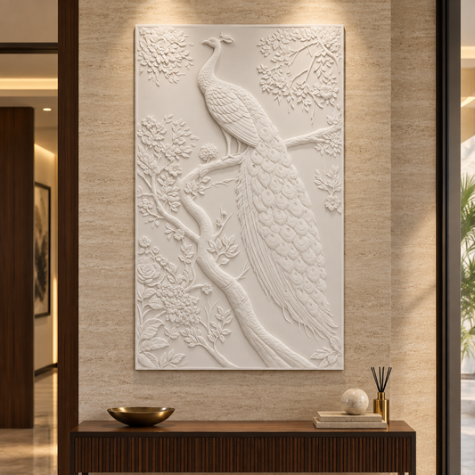 Peacock on the Flowering Bough Corian wall panel, 2.5 x 4 ft, front view in entrance foyer, 12–24 mm total depth