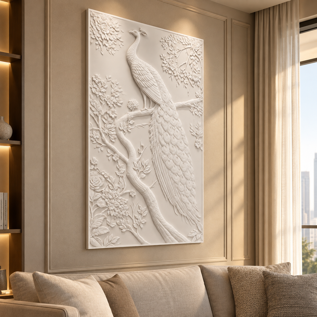 Peacock on the Flowering Bough Corian wall panel, 2.5 x 4 ft, left view in formal living room, 12–24 mm total depth