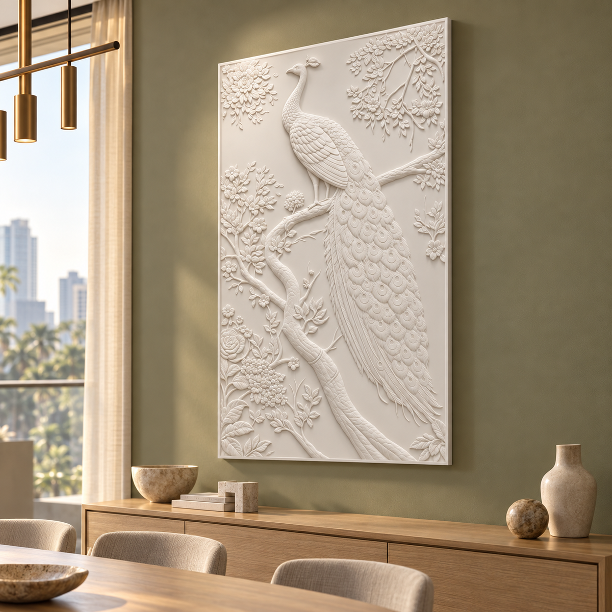 Peacock on the Flowering Bough Corian wall panel, 2.5 x 4 ft, right view in dining room, 12–24 mm total depth