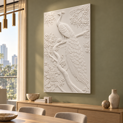 Peacock on the Flowering Bough Corian wall panel, 2.5 x 4 ft, right view in dining room, 12–24 mm total depth
