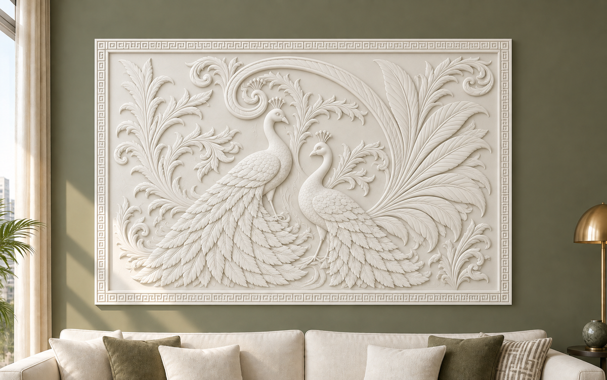 Peacock Plume Duet Corian wall panel, 4 x 2.5 ft, front view in a formal living room