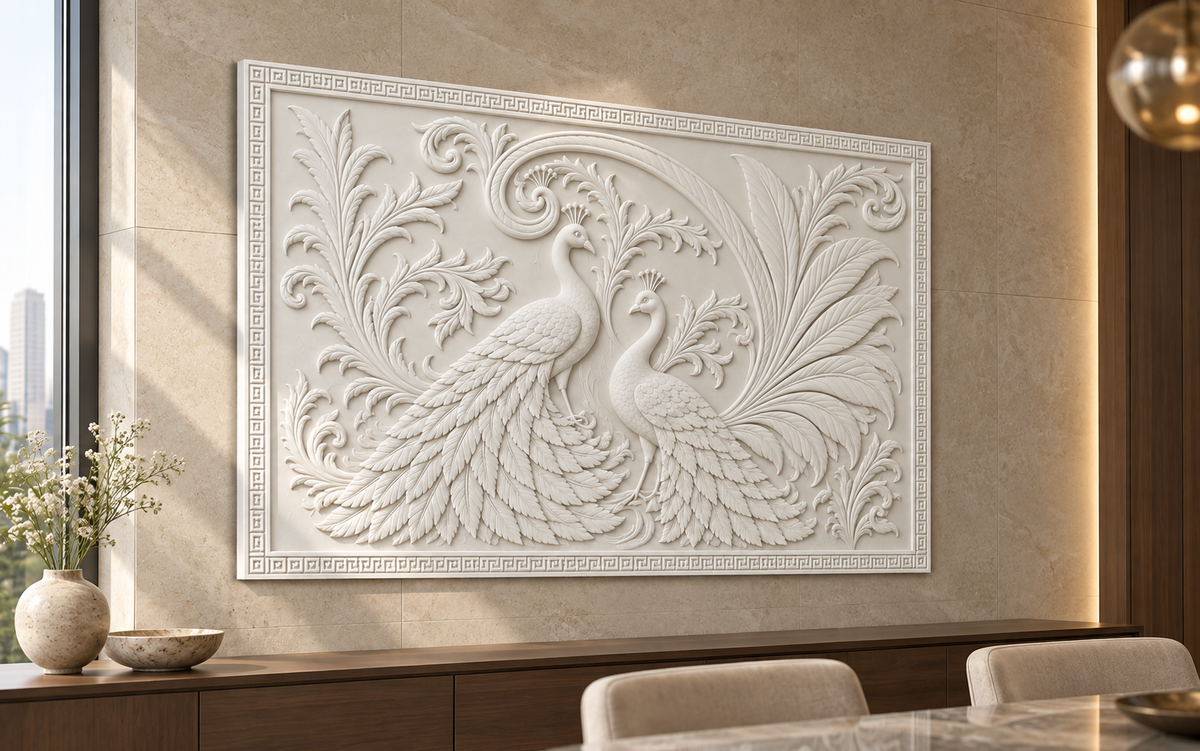 Peacock Plume Duet Corian wall panel, 4 x 2.5 ft, left view in a dining room