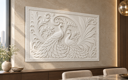 Peacock Plume Duet Corian wall panel, 4 x 2.5 ft, left view in a dining room