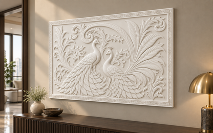 Peacock Plume Duet Corian wall panel, 4 x 2.5 ft, right view in an entrance gallery