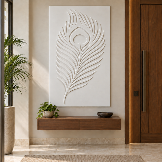 Peacock Quill Sweep Corian wall panel, front view in a Mumbai entrance foyer; AI-assisted concept visualisation