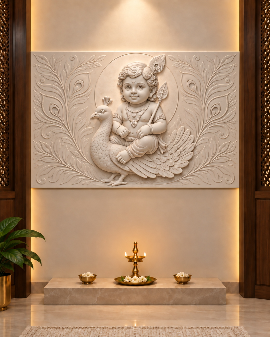 Peacock Rider Halo Corian wall panel, 4 x 2.5 ft, front view in a pooja alcove