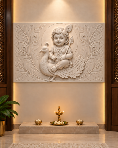 Peacock Rider Halo Corian wall panel, 4 x 2.5 ft, front view in a pooja alcove