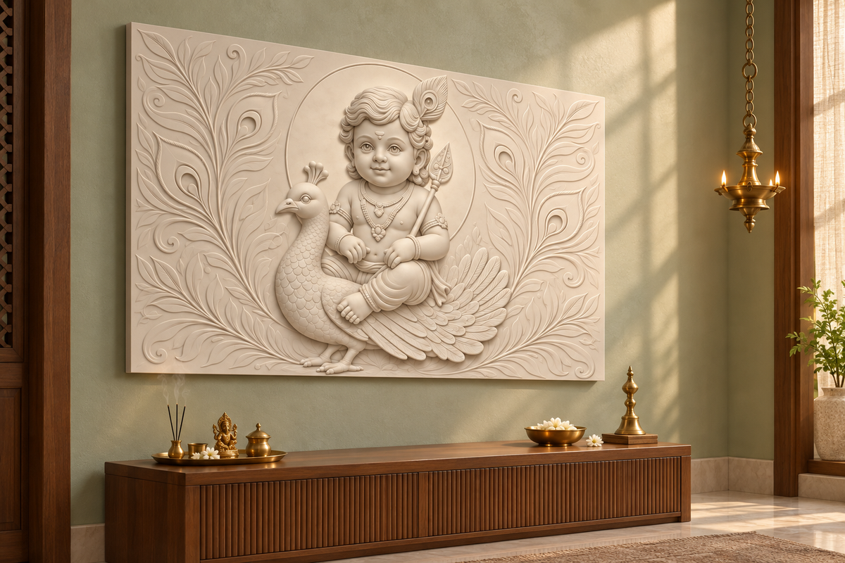 Peacock Rider Halo Corian wall panel, 4 x 2.5 ft, left view in a prayer room