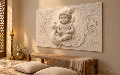 Peacock Rider Halo Corian wall panel, 4 x 2.5 ft, right view in a meditation corner