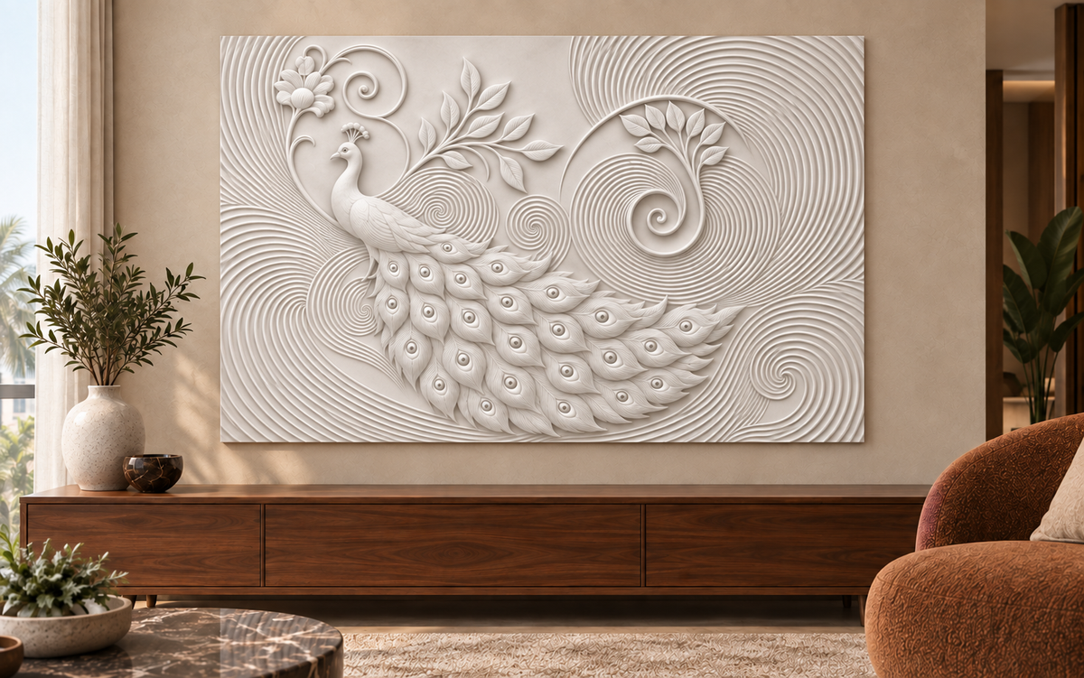 Peacock Spiral Grove Corian wall panel, front view in a Bandra apartment living room, horizontal 4 ft by 2.5 ft with no added plain border strips