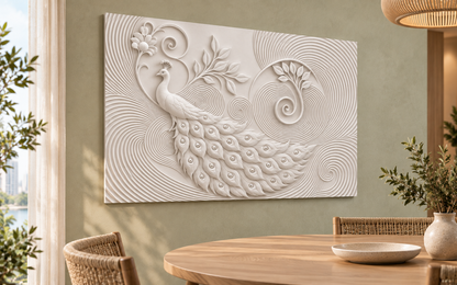 Peacock Spiral Grove Corian wall panel, left view in a Powai apartment dining room, horizontal 4 ft by 2.5 ft with no added plain border strips