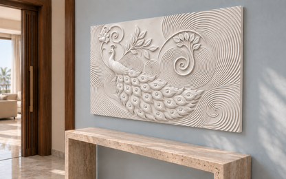 Peacock Spiral Grove Corian wall panel, right view in a Juhu apartment entry foyer, horizontal 4 ft by 2.5 ft with no added plain border strips