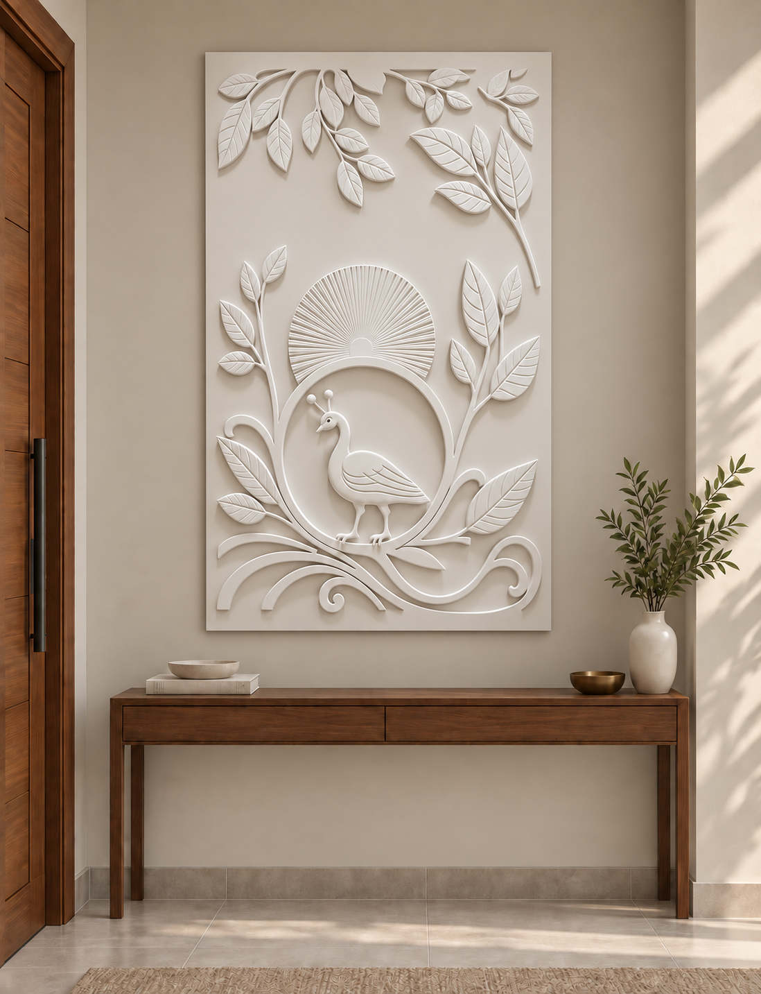 Peacock Sun Garden Corian wall panel, front view in a Mumbai entrance foyer; AI-assisted concept visualisation
