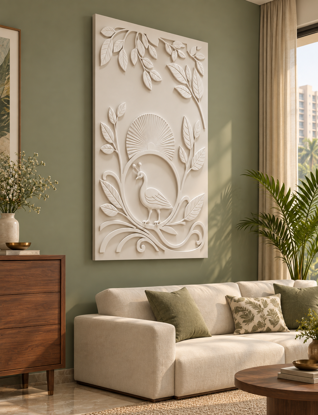 Peacock Sun Garden Corian wall panel, left view in a Mumbai family living room; AI-assisted concept visualisation