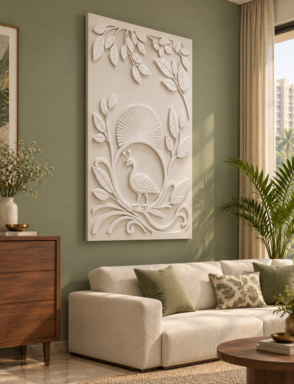 Peacock Sun Garden Corian wall panel, left view in a Mumbai family living room; AI-assisted concept visualisation