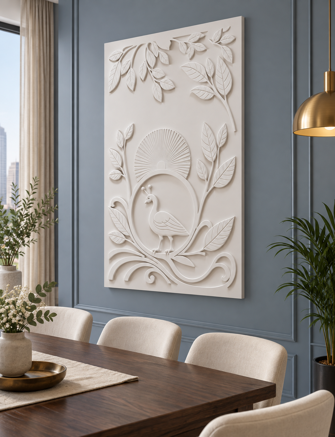 Peacock Sun Garden Corian wall panel, right view in a Mumbai dining room feature wall; AI-assisted concept visualisation