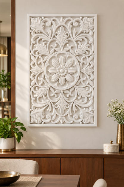 Petal Chamber Roundel Corian wall panel, front view on a dining room cabinet wall in a Mumbai home; AI-assisted concept visualisation