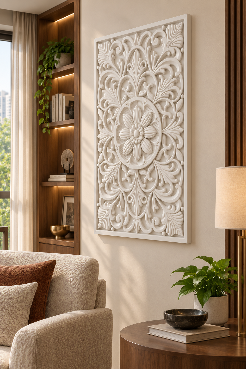 Petal Chamber Roundel Corian wall panel, right view on a living room reading wall in a Mumbai home; AI-assisted concept visualisation