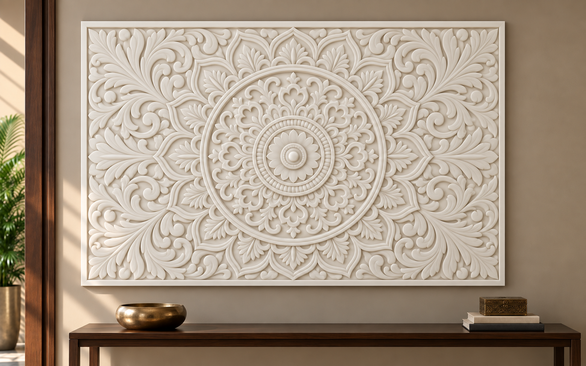 Petal Crown Rosette Corian wall panel, 4 x 2.5 ft, front view in formal entrance foyer, 12–24 mm total depth