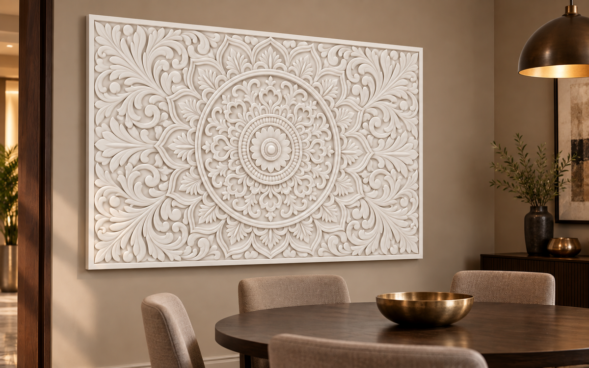 Petal Crown Rosette Corian wall panel, 4 x 2.5 ft, left view in dining room, 12–24 mm total depth