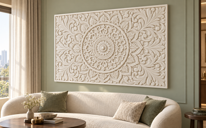 Petal Crown Rosette Corian wall panel, 4 x 2.5 ft, right view in living room seating area, 12–24 mm total depth