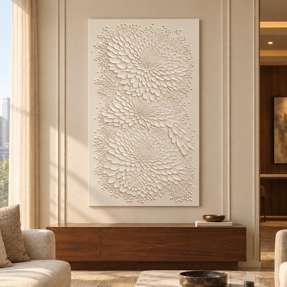 Petal Eddy Cascade Corian wall panel, 2.5 x 4 ft, front view in formal living room, 12-24 mm total depth