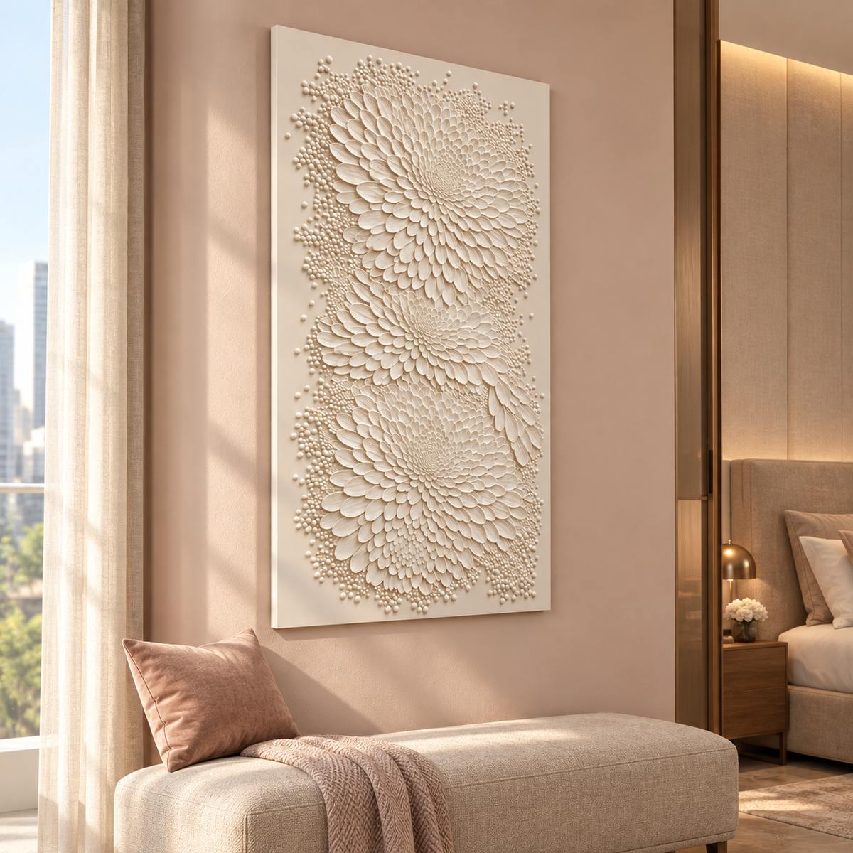 Petal Eddy Cascade Corian wall panel, 2.5 x 4 ft, left view in bedroom sitting area, 12-24 mm total depth