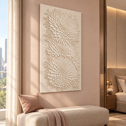 Petal Eddy Cascade Corian wall panel, 2.5 x 4 ft, left view in bedroom sitting area, 12-24 mm total depth