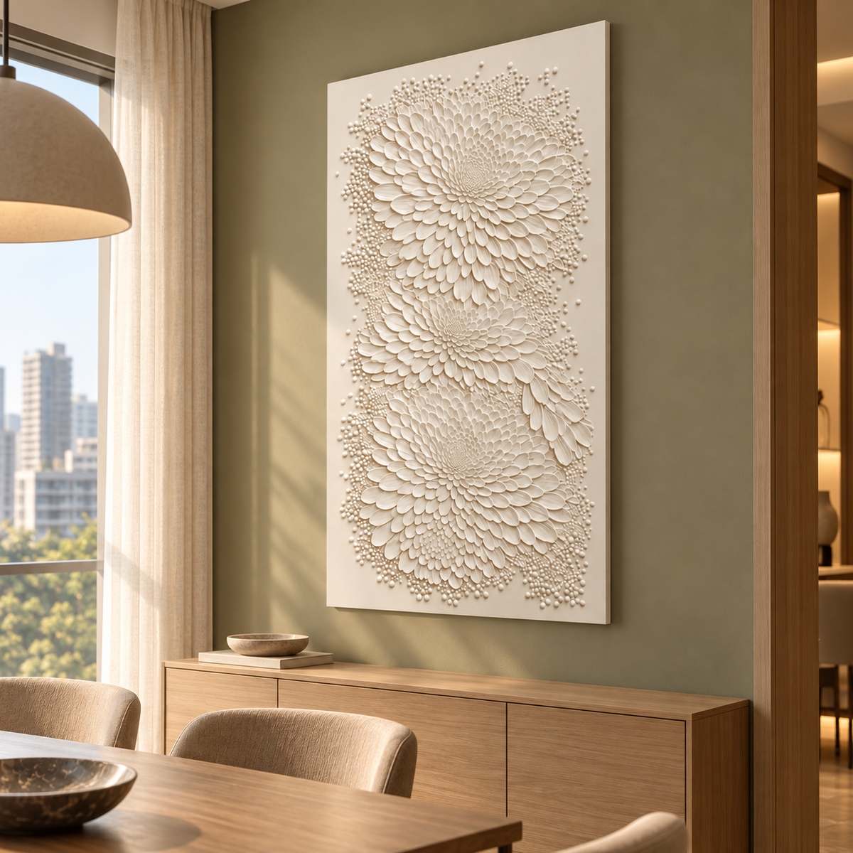 Petal Eddy Cascade Corian wall panel, 2.5 x 4 ft, right view in dining nook, 12-24 mm total depth