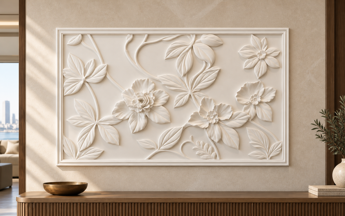 Petal Vine Stepped Frame Corian wall panel, front view in a Worli foyer, horizontal 4 ft by 2.5 ft with no added plain border strips