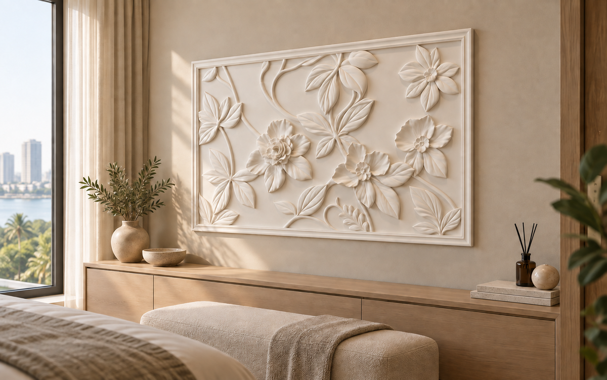 Petal Vine Stepped Frame Corian wall panel, right view in a Powai bedroom alcove, horizontal 4 ft by 2.5 ft with no added plain border strips