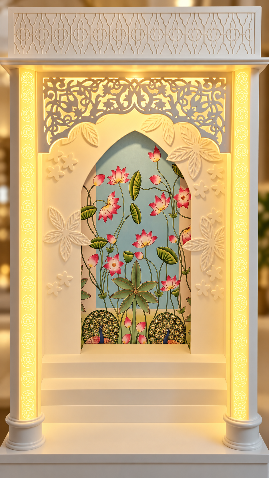 Detail digital design visualisation of the Pichwai mandir crown, floral jali, leaf-relief arch, lotus-and-peacock panel and altar steps.