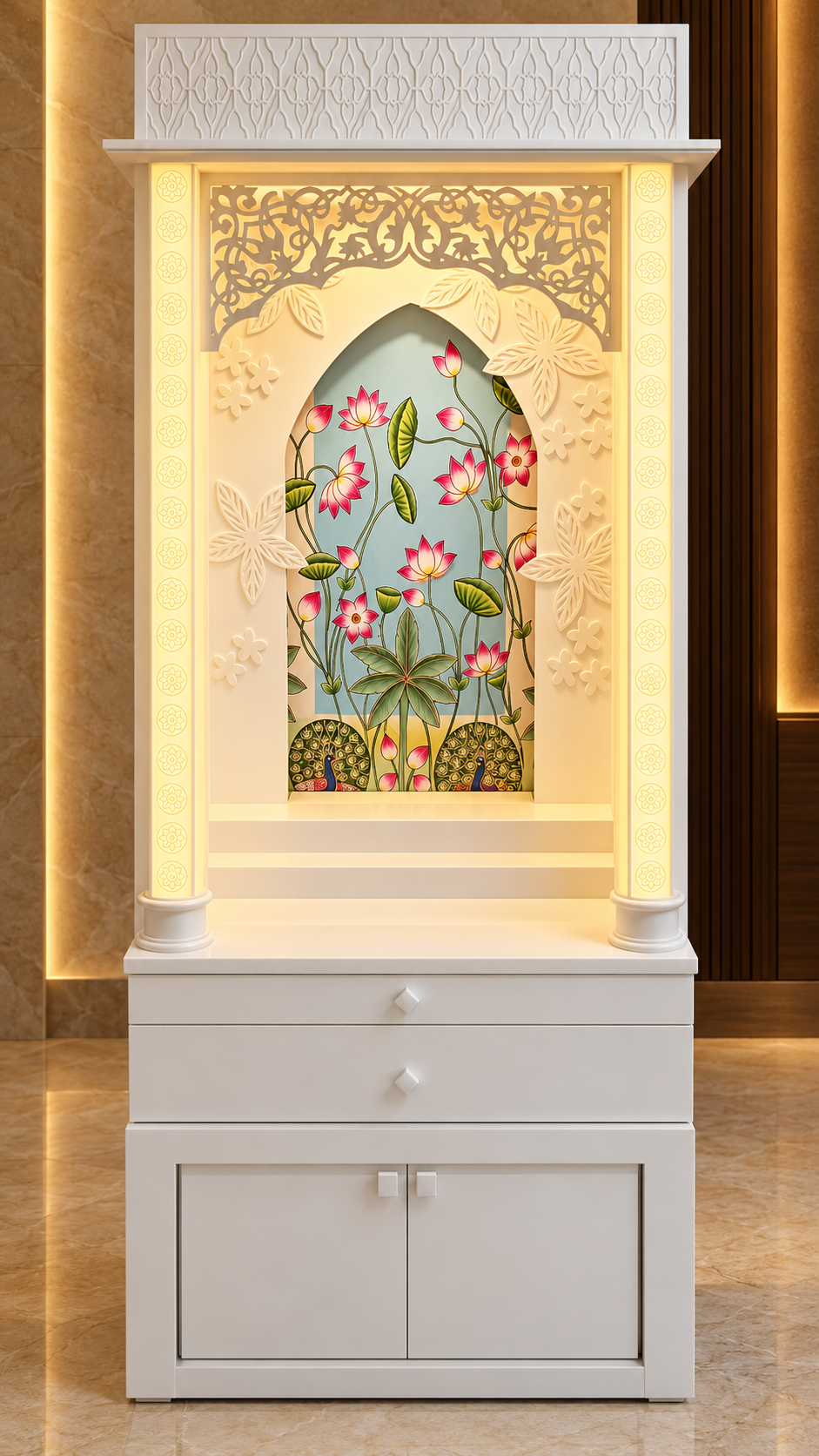 Front digital design visualisation of the tall Glacier White Pichwai Corian mandir with lotus-and-peacock panel, illuminated columns and storage base.