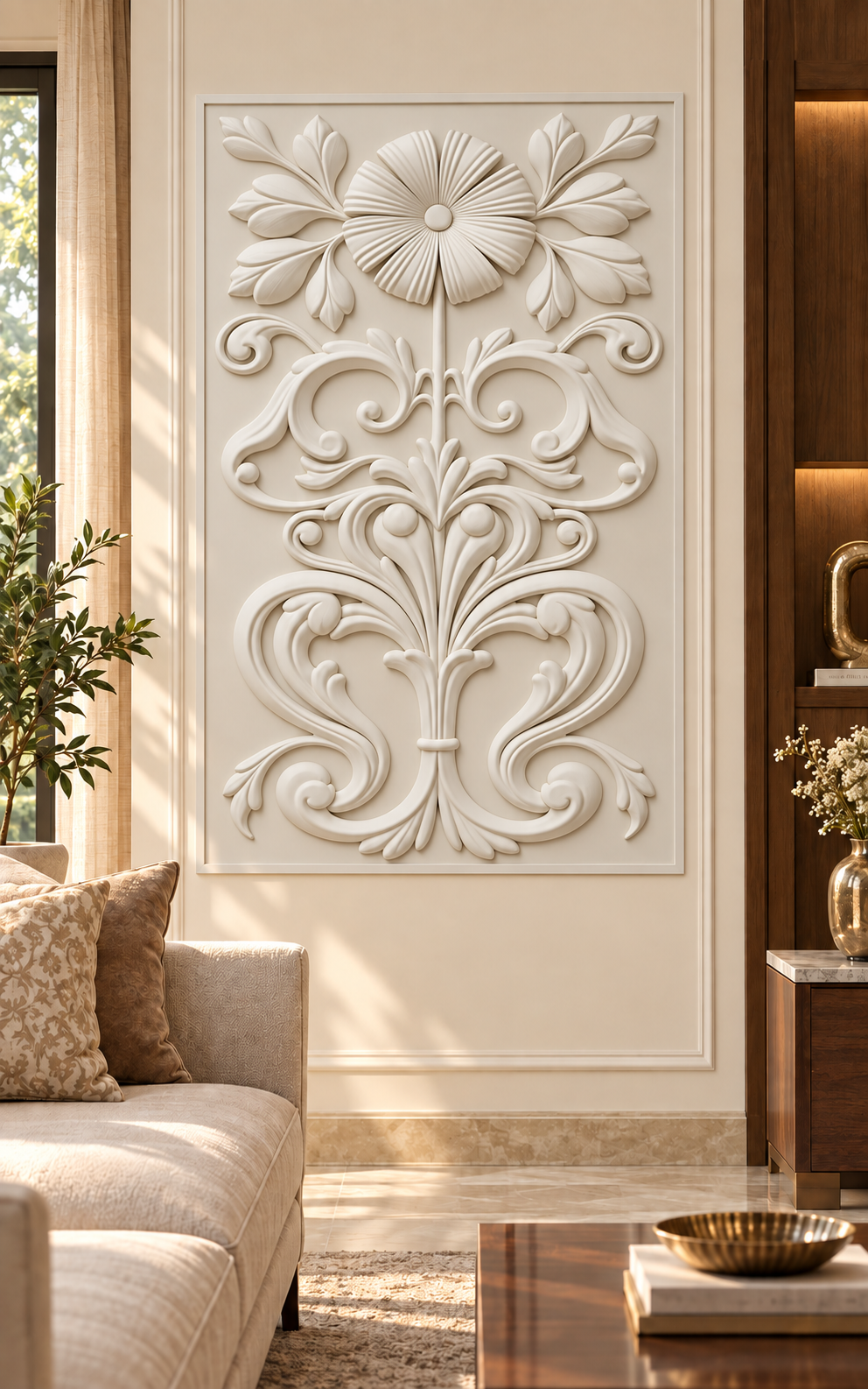Pleated Bloom Acanthus Corian wall panel, front view in a Mumbai classic living room; AI-assisted concept visualisation