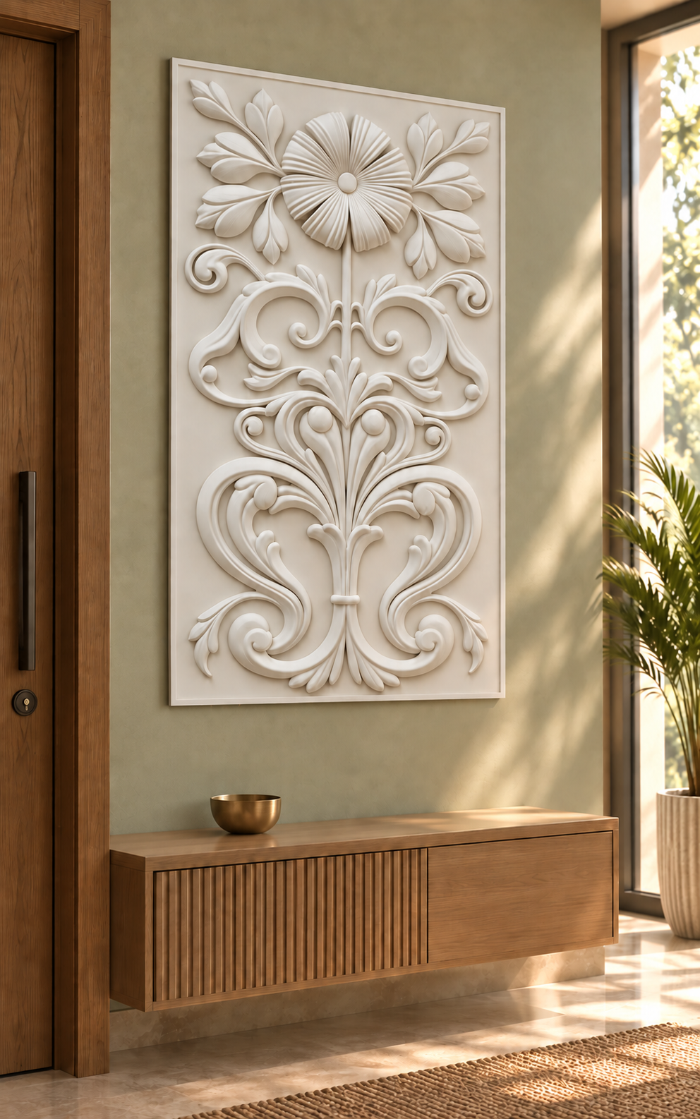 Pleated Bloom Acanthus Corian wall panel, left view in a Mumbai entrance reception area; AI-assisted concept visualisation