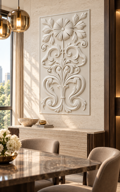 Pleated Bloom Acanthus Corian wall panel, right view in a Mumbai dining room console wall; AI-assisted concept visualisation