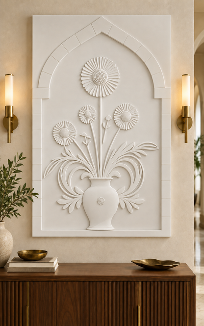 Pleated Bloom Curved Fronds Corian wall panel, front view in a refined Mumbai apartment foyer with a walnut console and brass lighting; AI-assisted concept visualisation