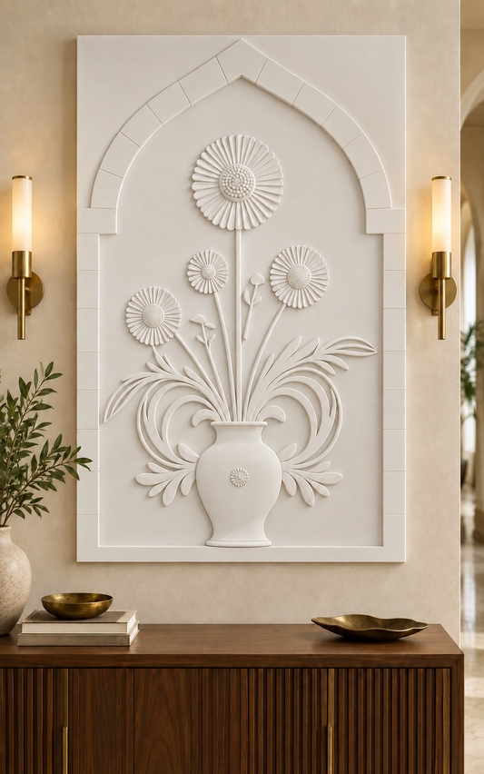 Pleated Bloom Curved Fronds Corian wall panel, front view in a refined Mumbai apartment foyer with a walnut console and brass lighting; AI-assisted concept visualisation