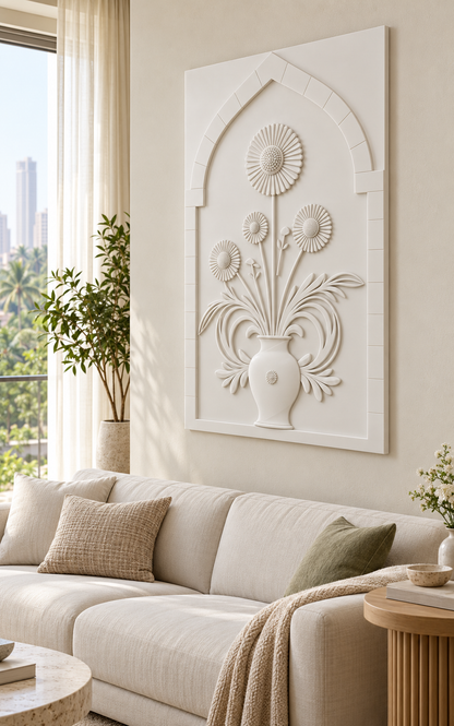 Pleated Bloom Curved Fronds Corian wall panel, right view in a Mumbai living room with a low ivory sofa, pale oak side table and soft window light; AI-assisted concept visualisation