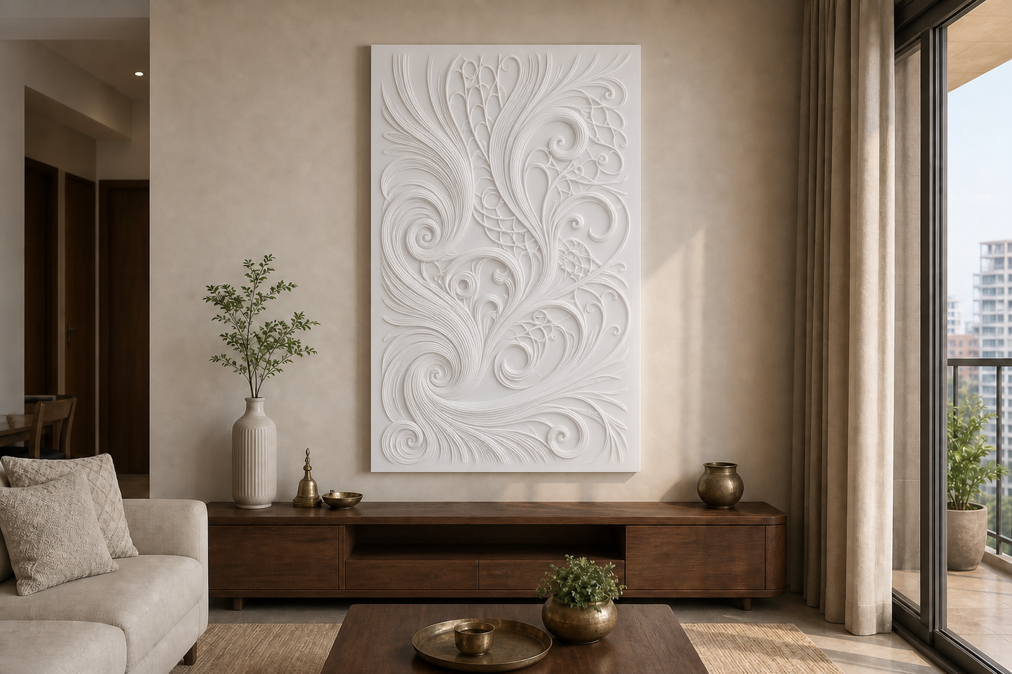 Plume Scroll white Corian wall panel, front view in a Mumbai home interior visualisation
