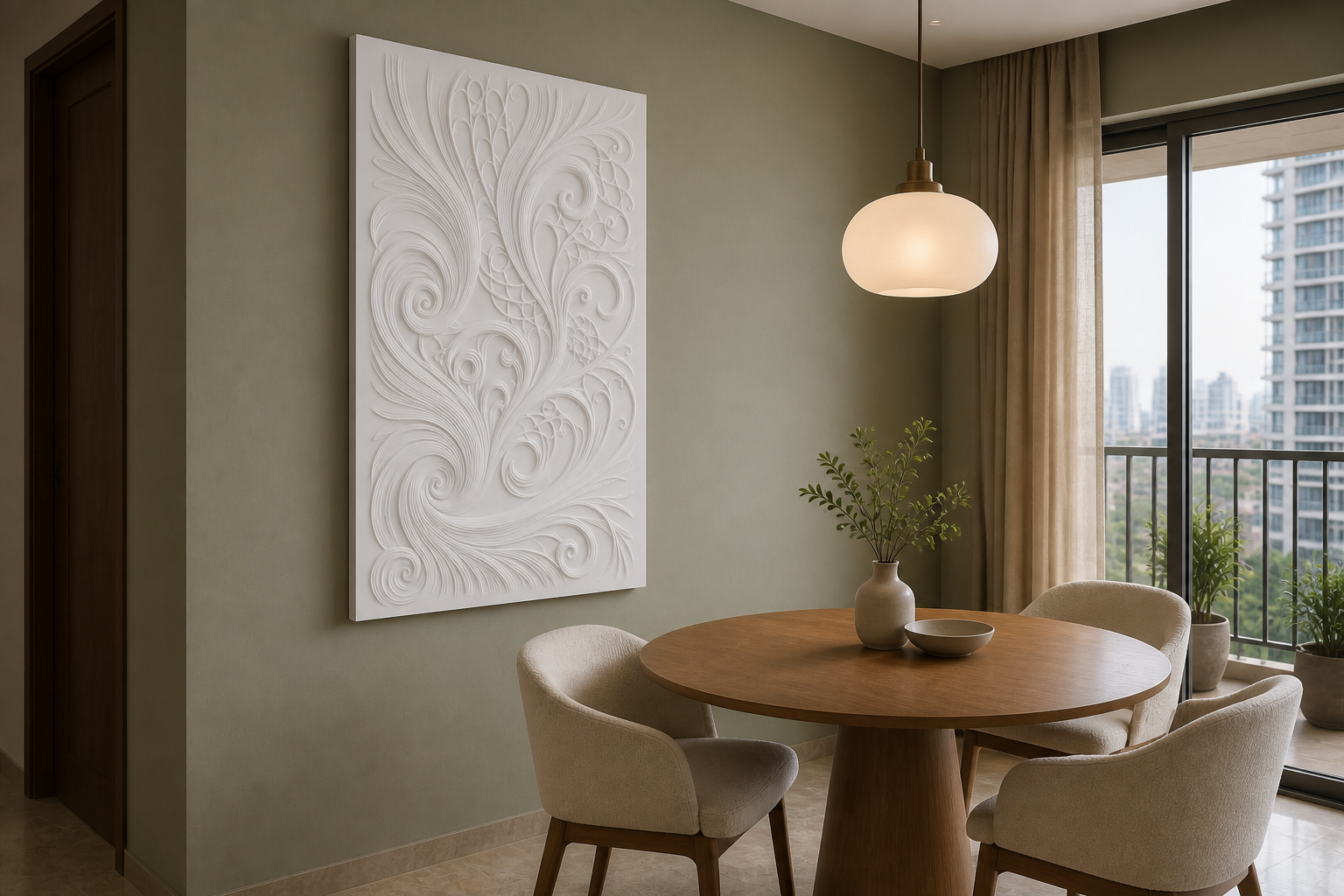 Plume Scroll white Corian wall panel, left angle view in a Mumbai home interior visualisation