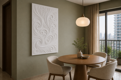 Plume Scroll white Corian wall panel, left angle view in a Mumbai home interior visualisation