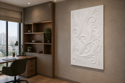 Plume Scroll white Corian wall panel, right angle view in a Mumbai home interior visualisation
